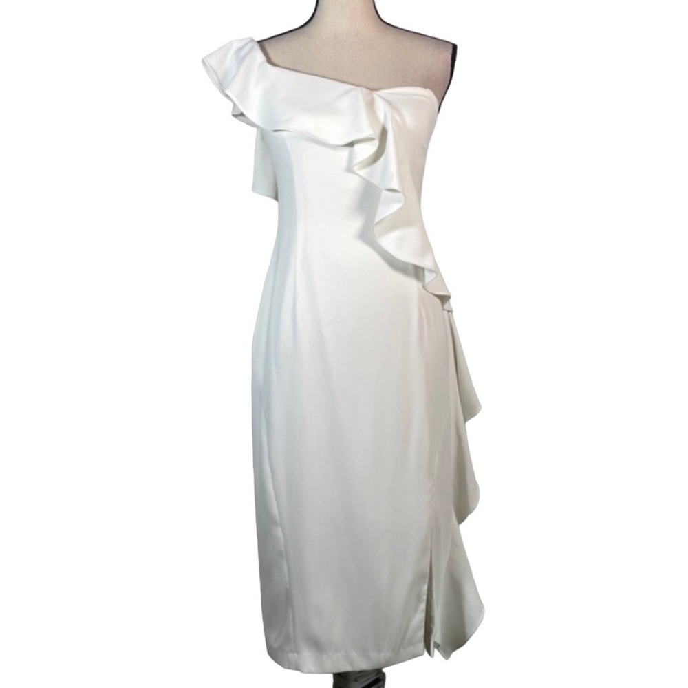 Gianni Bini Ivory White One Shoulder Front Slit Knee Length Crepe Sheath Dress 4